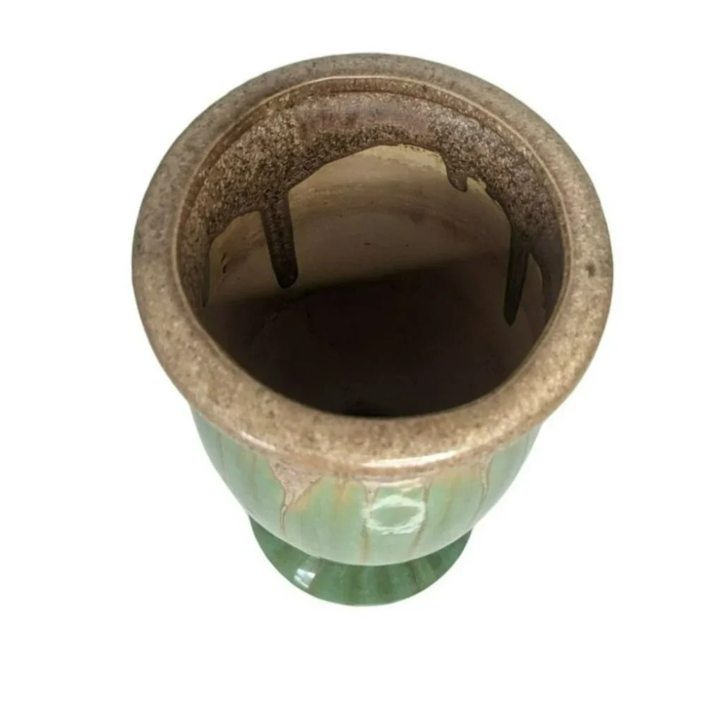 Vintage Mid Century Modern Green Gold Drop Glazed Pottery Vase